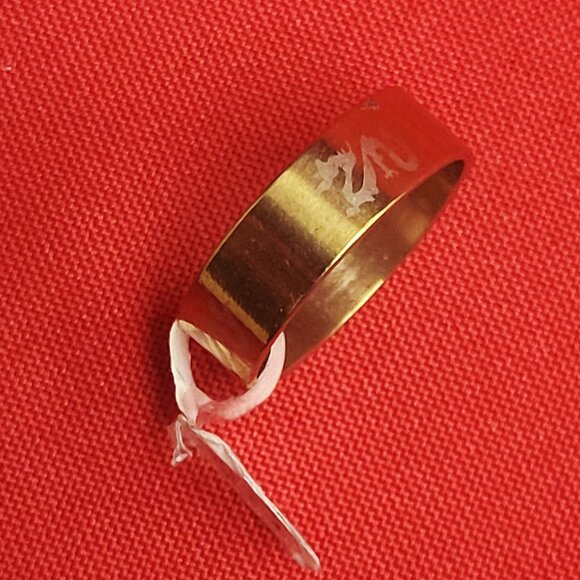 Stainless Steel Wide Band White Dragon Engraved Ring Size 21 Gold Tone Unisex - Picture 3 of 11